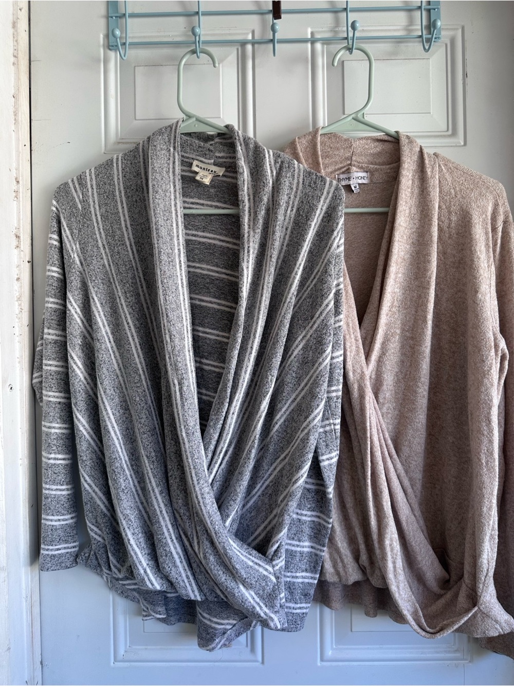 Cozy Wrap Front Women's Sweater Cardigan - Gray/White and Taupe